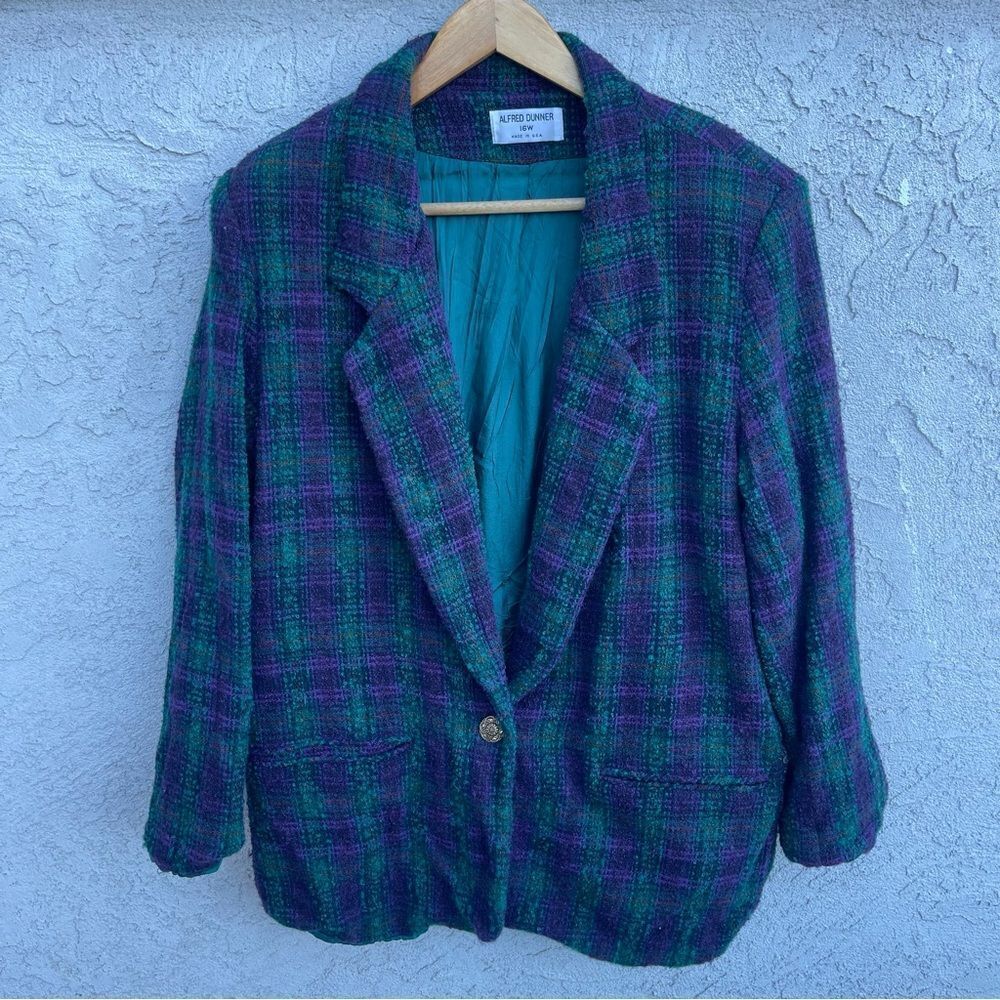 VNTG Oversized Plaid Blazer SZ 12 Purple & Green Wool Jacket Twee Preppy Quirky